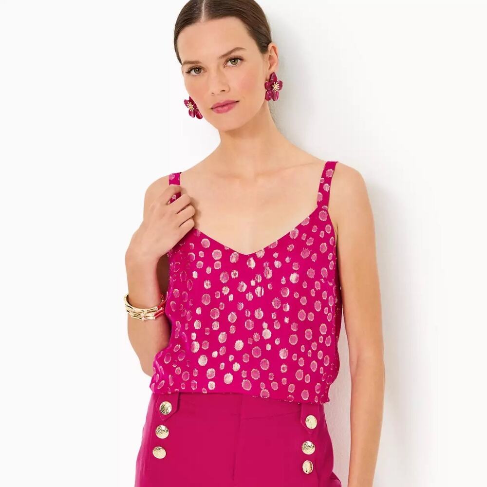 Lilly Pulitzer Nadia Silk Cami 14 Hot Pink Metallic Polka Dot Burnout Chiffon
